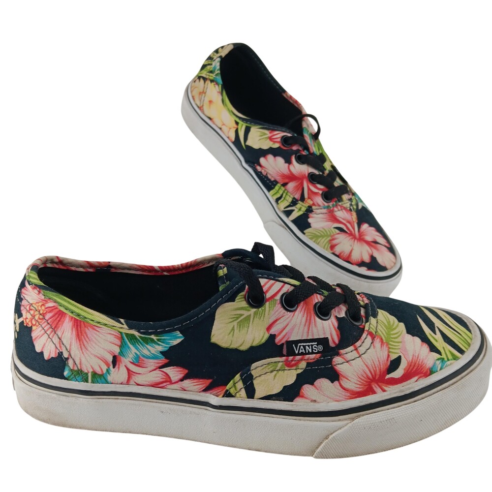 Vans Authentic Shoes Womens Size 7 Black Floral Hibiscus Canvas Low Top Skate